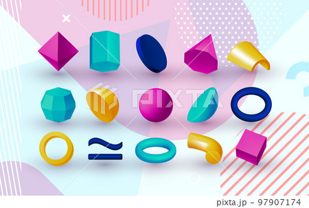 Abstract geometric shapes. 3d elements. Graphic geometry minimal figures. Polygonal forms, color volumetric cube, cylinder and pyramid, ring and cone renders. Vector isolated exact design objects Abstract geometric shapes. 3d elements. Graphic geometry minimal figures. Polygonal forms, color volumetric cube, cylinder and pyramid, ring and cone renders. Vector isolated exact design objects 97907174