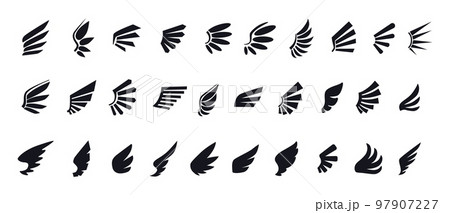 Black wings. Eagle bird feather silhouette, angel logo. Freedom emblem or label, retro design, Geometric sign isolated elements, creative badge or logotype collection. Vector icon recent symbols set 97907227