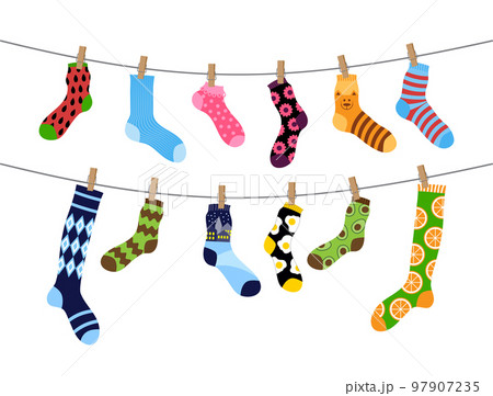 Educational match game, sock lines. Rope activity, laundry symbol, children clothesline, kids worksheet. Trendy cotton socks with avocado, animals and geometric print. Vector design current background Educational match game, sock lines. Rope activity, laundry symbol, children clothesline, kids worksheet. Trendy cotton socks with avocado, animals and geometric print. Vector design current background 97907235