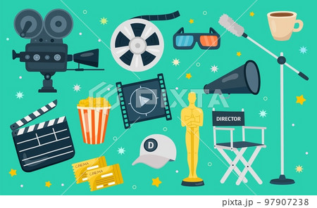 3D movie elements. Cinema theater. Popcorn and film reel. Video camera. Montage time. Spotlight and clapperboard. Cinematography Oscar gold award. Filmmaking equipment set. Vector design nowaday icons 97907238