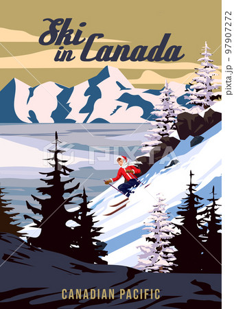 Travel poster Ski in Canada resort vintage. Canada winter landscape travel card 97907272
