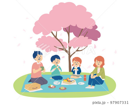 お花見をする家族のイラスト お花見をする家族のイラスト 97907331