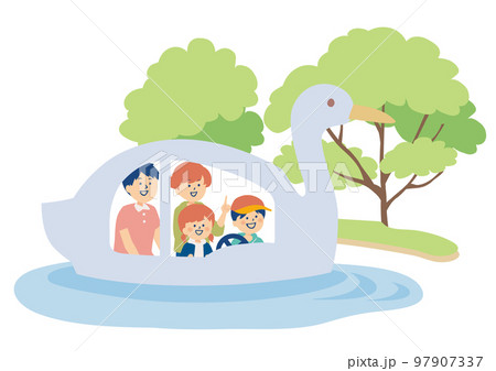 スワンボートに乗る家族のイラスト スワンボートに乗る家族のイラスト 97907337