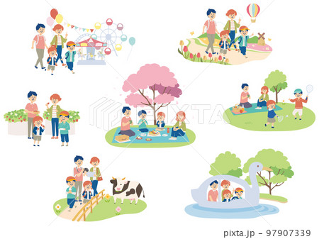 春のお出かけを楽しむ家族のイラストセット 春のお出かけを楽しむ家族のイラストセット 97907339