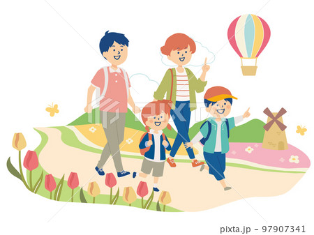 チューリップ畑を歩く家族のイラスト 97907341