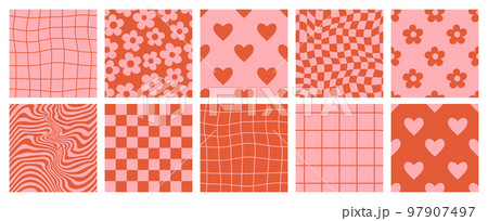 Groovy lovely backgrounds. Love concept. Happy Valentines day greeting card. Funky pattern and texture in trendy retro 60s 70s cartoon style. Vector seamless pattern in pink red colors. Groovy lovely backgrounds. Love concept. Happy Valentines day greeting card. Funky pattern and texture in trendy retro 60s 70s cartoon style. Vector seamless pattern in pink red colors. 97907497
