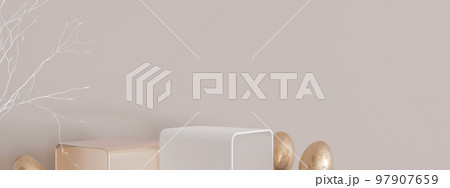 Two podiums with golden Easter eggs and copy space. Modern stage for product, cosmetic presentation. Easter mock up. Pedestal, platform for beauty products. Empty scene. Display, showcase. 3D render. Two podiums with golden Easter eggs and copy space. Modern stage for product, cosmetic presentation. Easter mock up. Pedestal, platform for beauty products. Empty scene. Display, showcase. 3D render. 97907659