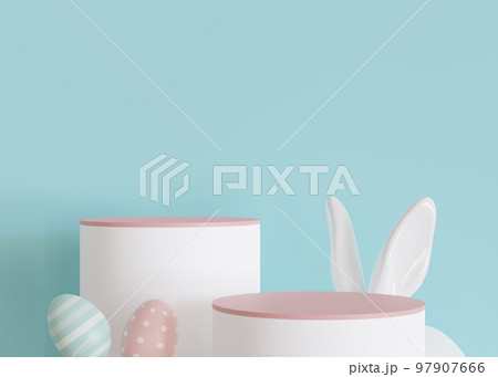Two podiums with Easter eggs, rabbit ears and copy space on blue background. Stage for product, cosmetic presentation. Easter mock up. Pedestal, platform. Empty scene. Display, showcase. 3D render. Two podiums with Easter eggs, rabbit ears and copy space on blue background. Stage for product, cosmetic presentation. Easter mock up. Pedestal, platform. Empty scene. Display, showcase. 3D render. 97907666