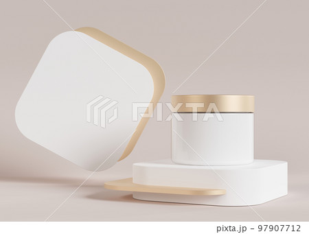 Blank, unbranded cosmetic cream jar standing on white and golden podium. Skin care product presentation. Elegant mockup. Skincare, beauty and spa. Jar with copy space. 3D rendering. 97907712