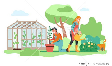 Young couple working in garden. Woman watering flowers. Man planting seedlings. Happy gardeners. People growing plants in greenhouse. Agriculture workers. Gardening persons. Vector concept 97908039