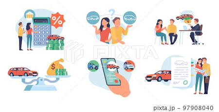 Young couple takes out car loan. People searching and choosing automobile. Bank mortgage. Mobile app for vehicle buying. Happy family with key and sale contract. Vector concepts set Young couple takes out car loan. People searching and choosing automobile. Bank mortgage. Mobile app for vehicle buying. Happy family with key and sale contract. Vector concepts set 97908040
