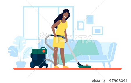 Young African American woman uses vacuum cleaner to clean floor while cleaning apartment. Housekeeping activity. Household equipment. Living room. Female doing housework. Vector concept Young African American woman uses vacuum cleaner to clean floor while cleaning apartment. Housekeeping activity. Household equipment. Living room. Female doing housework. Vector concept 97908041