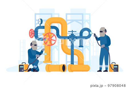 Welders weld pipes. Man welding pipeline. Workers with metalworking equipment. Workman in uniform. Industrial construction. People repair piping and fixing maintenances. Vector concept 97908048