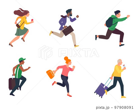 People are late. Persons running with briefcase and suitcase baggage. Hurrying men and women. Fast run of businessman and student. Stressed guys and girls. Vector rushing characters set 97908091