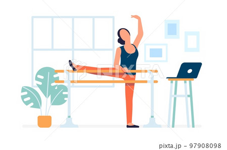 Online ballet training. Woman learns to dance. Internet dancers classes. Choreography tutorial video streaming. Ballerinas course computer broadcast. Distance education. Vector concept Online ballet training. Woman learns to dance. Internet dancers classes. Choreography tutorial video streaming. Ballerinas course computer broadcast. Distance education. Vector concept 97908098