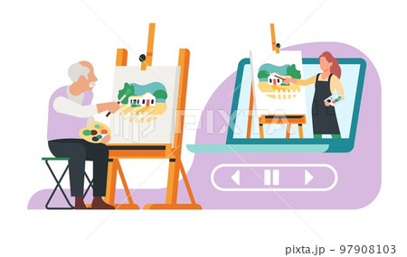 Old man learns to draw in online art studio. Grandfather painting picture at easel. Painter lesson broadcast. Video streaming. Senior person education. Artists course. Vector concept 97908103