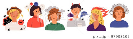 Negative thinking people. Guys and girls in bad mood. Worried persons. Shoulder portraits with gloomy emotions symbols. Crying woman. Burnout man. Anxiety and anger. Garish vector set 97908105