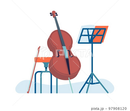 Musical acoustic instrument. Learning to play cello. Music stand and chair. Orchestra performance. Jazz band. Musician concert. Violoncello and bow. Cellist education. Vector concept Musical acoustic instrument. Learning to play cello. Music stand and chair. Orchestra performance. Jazz band. Musician concert. Violoncello and bow. Cellist education. Vector concept 97908120