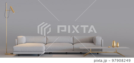 Banner with modern furniture and copy space for text, advertisement. Furniture store, interior details. Furnishings sale, interior project. Template with empty space. Minimalist design. 3d render. 97908249
