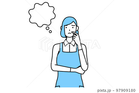 顔をかきながら考えるエプロンを着た女性 97909180