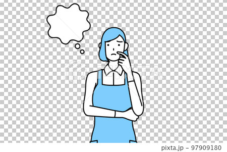 顔をかきながら考えるエプロンを着た女性 97909180