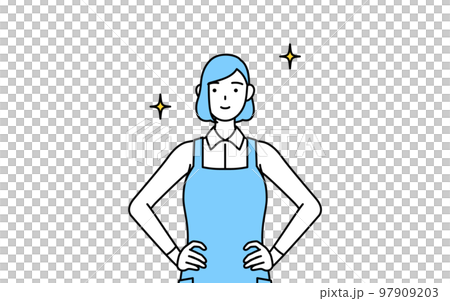 両手を腰に当てたエプロンを着た女性 97909203