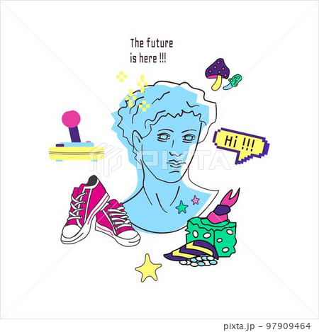 Y2k and old pc aesthetic Greek statue. Fun print with ancient sculpture male head and pixel art . Graphic in 80's style. 97909464