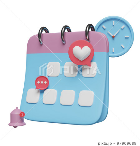 3d calendar with clock, chat bubbles icons, marked date, notification bell isolated. schedule appointment concept, 3d render illustration 3d calendar with clock, chat bubbles icons, marked date, notification bell isolated. schedule appointment concept, 3d render illustration 97909689