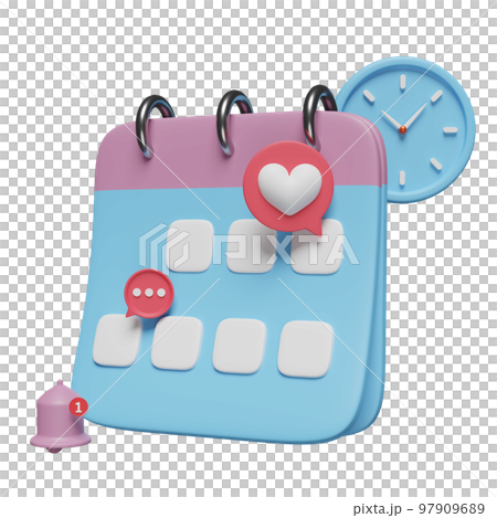 3d calendar with clock, chat bubbles icons, marked date, notification bell isolated. schedule appointment concept, 3d render illustration 3d calendar with clock, chat bubbles icons, marked date, notification bell isolated. schedule appointment concept, 3d render illustration 97909689