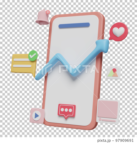 3d social media with mobile phone, smartphone icons, arrow graph, chat bubbles isolated. online social, communication applications concept, 3d render illustration 3d social media with mobile phone, smartphone icons, arrow graph, chat bubbles isolated. online social, communication applications concept, 3d render illustration 97909691