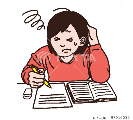 難問に頭を抱える私服女子（手書きカラー） 97910059