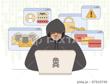 Flat hacker with laptop stealing personal data in internet 97910740