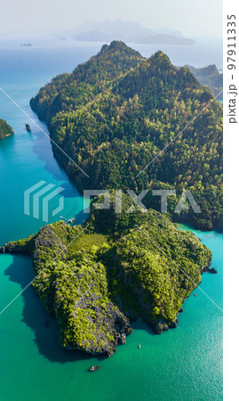 Aerial view of Prasat Hin Pun Yod secret beach in Satun, Thailand 97911335