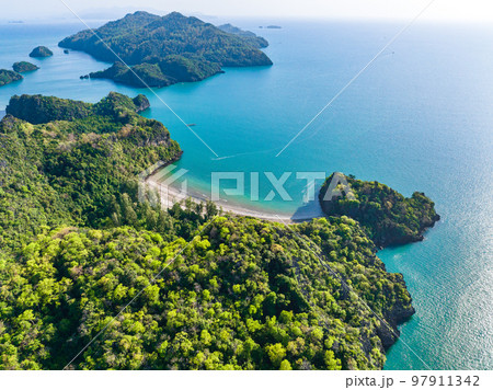 Aerial view of Prasat Hin Pun Yod secret beach in Satun, Thailand 97911342