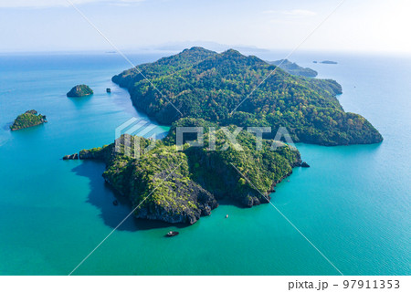 Aerial view of Prasat Hin Pun Yod secret beach in Satun, Thailand 97911353