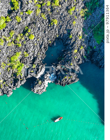 Aerial view of Prasat Hin Pun Yod secret beach in Satun, Thailand 97911364