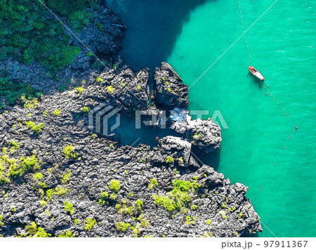 Aerial view of Prasat Hin Pun Yod secret beach in Satun, Thailand 97911367