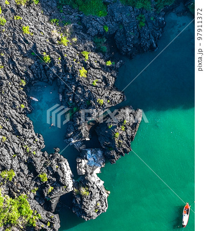 Aerial view of Prasat Hin Pun Yod secret beach in Satun, Thailand 97911372