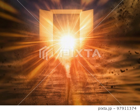 空中に浮かぶ開かれた白色扉の3dイラスト 97911374