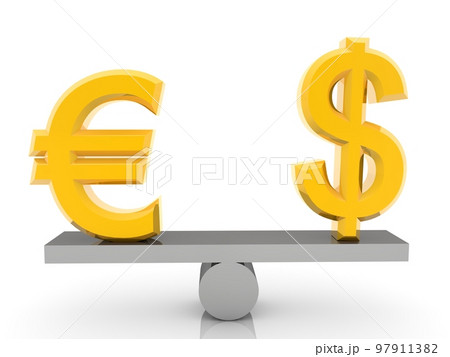 Gold dollar and euro signs on an equilibrium swing Gold dollar and euro signs on an equilibrium swing 97911382