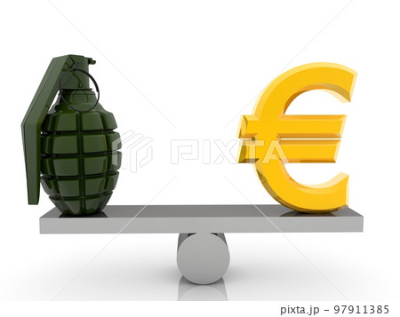 Gold euro sign and hand grenade on a balance swing Gold euro sign and hand grenade on a balance swing 97911385