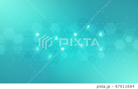 Medical background and healthcare technology with flat icons and symbols. Concept and idea for health care business, innovation medicine, health safety, science, medical research, and development. 97911684