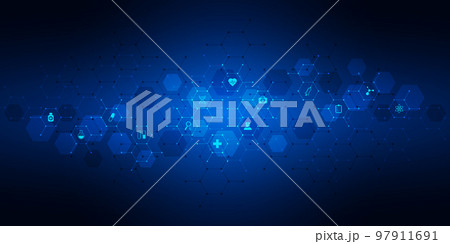 Healthcare and technology concept with flat icons and symbols. Template design for health care business, innovation medicine, pharmaceutical industry, science, medical research. 97911691