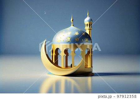 3d illustration of a mosque with golden moon and stars ornament 97912358
