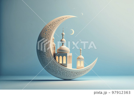 3d illustration of a mosque with golden moon and stars ornament 97912363