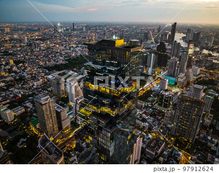 Aerial view of King Power Mahanakhon tower in Sathorn Silom central business district of Bangkok 97912624