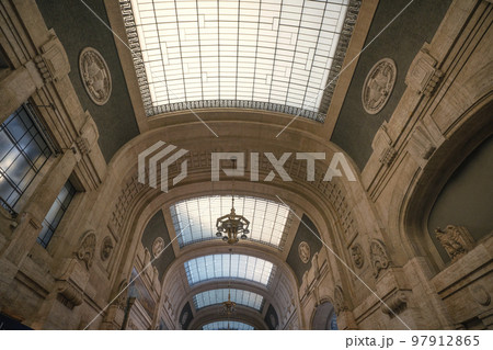 Ceiling of a large hall with rooftop windows Ceiling of a large hall with rooftop windows 97912865