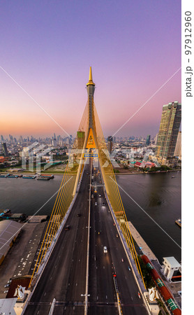 Aerial view of Bhumibol Bridge in Samut Prakan, Bangkok, Thailand Aerial view of Bhumibol Bridge in Samut Prakan, Bangkok, Thailand 97912960