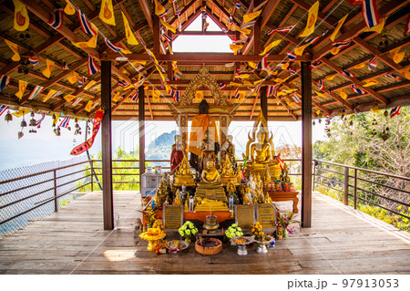 Aerial view of Wat Chaloem Phra Kiat Phrachomklao Rachanusorn, sky pagodas on top of mountain in Aerial view of Wat Chaloem Phra Kiat Phrachomklao Rachanusorn, sky pagodas on top of mountain in 97913053