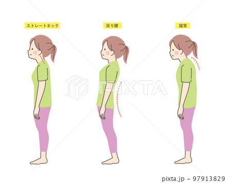 女性の良い姿勢と悪い姿勢の見本 女性の良い姿勢と悪い姿勢の見本 97913829